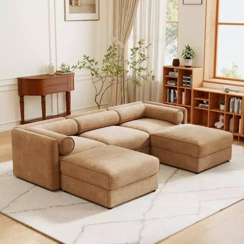 Elegante divano in ciniglia bianca con seduta contenitore e pouf, a U a 3 posti con schienale e braccioli cilindrici