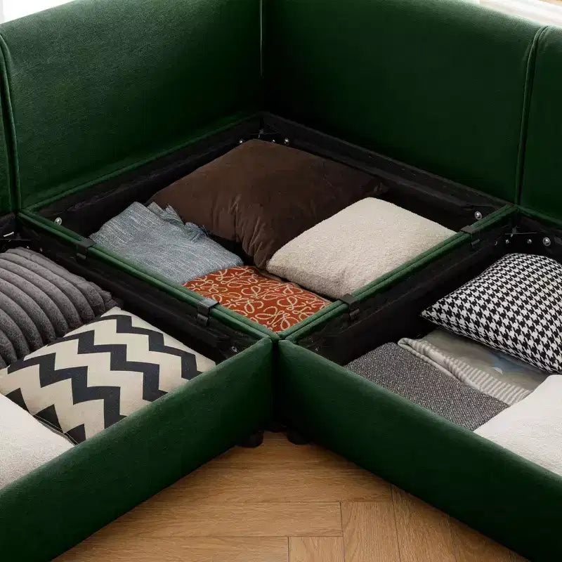 Elegante divano in ciniglia bianca con seduta contenitore e pouf, a U a 3 posti con schienale e braccioli cilindrici