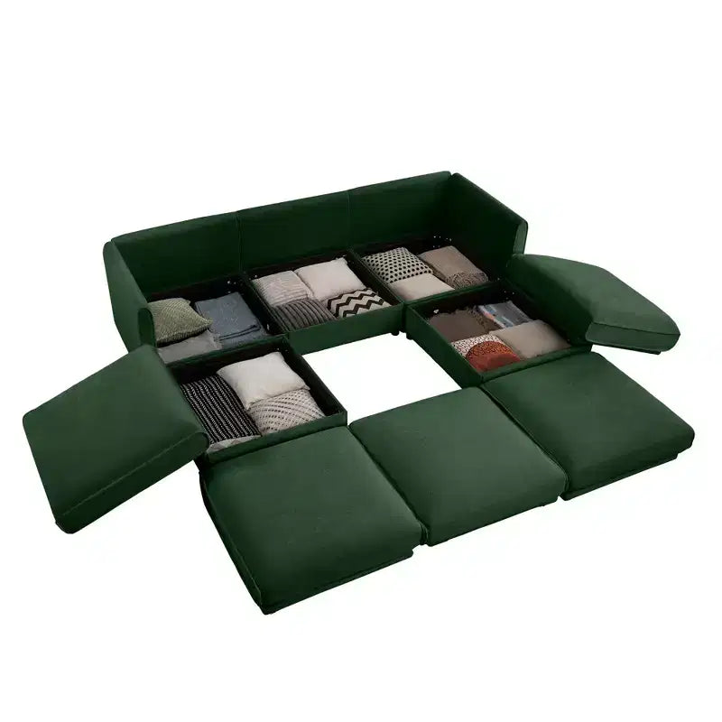 Elegante divano in ciniglia bianca con seduta contenitore e pouf, a U a 3 posti con schienale e braccioli cilindrici