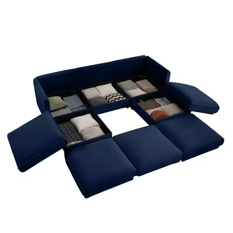 Elegante divano in ciniglia bianca con seduta contenitore e pouf, a U a 3 posti con schienale e braccioli cilindrici