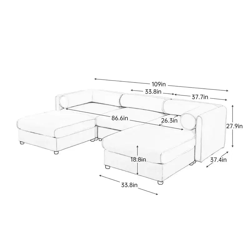 Elegante divano in ciniglia bianca con seduta contenitore e pouf, a U a 3 posti con schienale e braccioli cilindrici