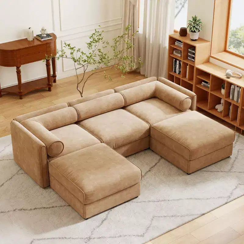 Elegante divano in ciniglia bianca con seduta contenitore e pouf, a U a 3 posti con schienale e braccioli cilindrici