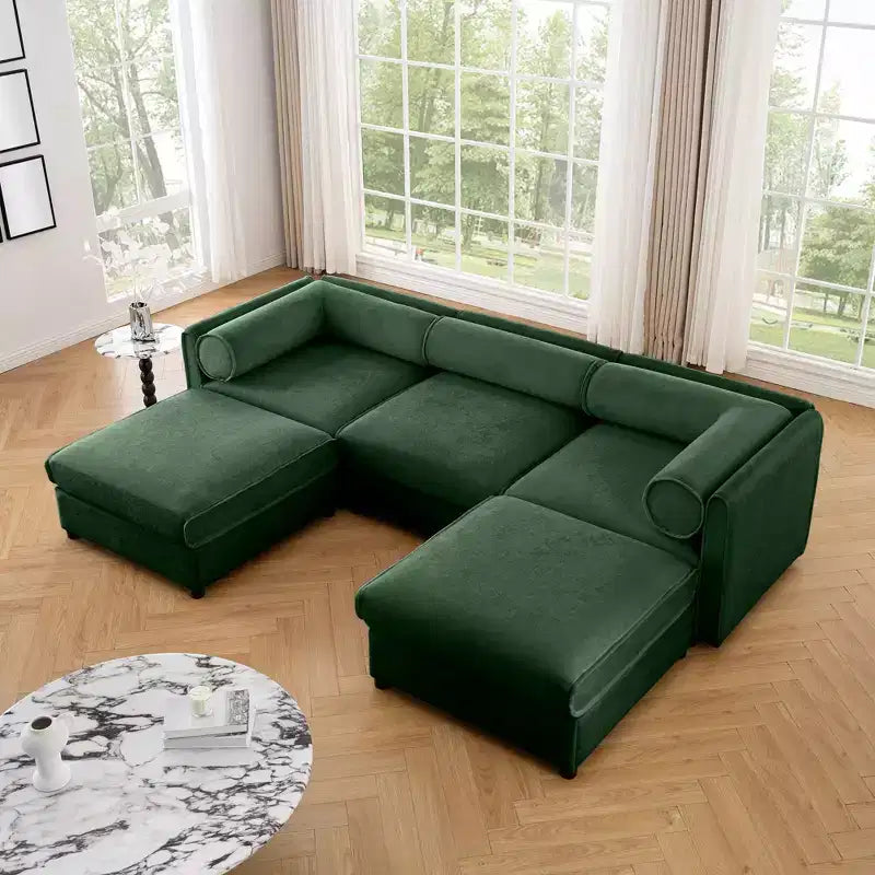 Elegante divano in ciniglia bianca con seduta contenitore e pouf, a U a 3 posti con schienale e braccioli cilindrici