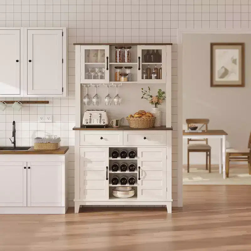 Dispensa da Cucina Alta 183 cm con 4 Ante e 2 Cassetti, Portabottiglie, Ampio Contenitore da Cucina, Ripiani Regolabili, Mobile Bar per Caffè e Vino