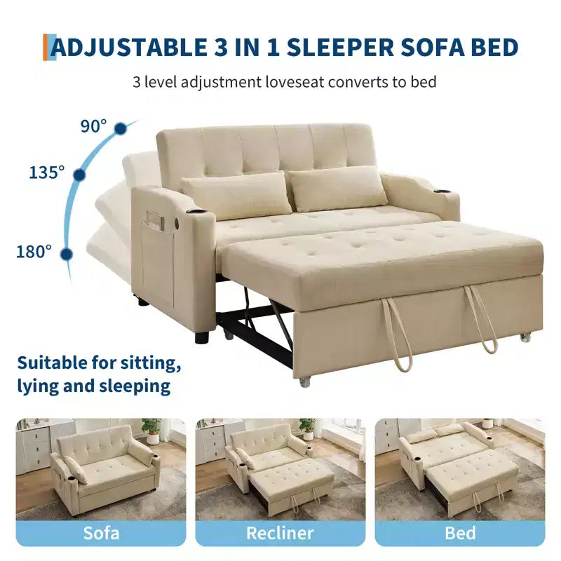 Divano letto convertibile 3 in 1, Divani in velluto a coste con letto estraibile, Schienale regolabile, Porta di ricarica, Divano moderno per soggiorno