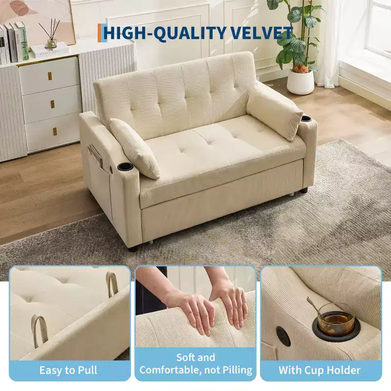 Divano letto convertibile 3 in 1, Divani in velluto a coste con letto estraibile, Schienale regolabile, Porta di ricarica, Divano moderno per soggiorno
