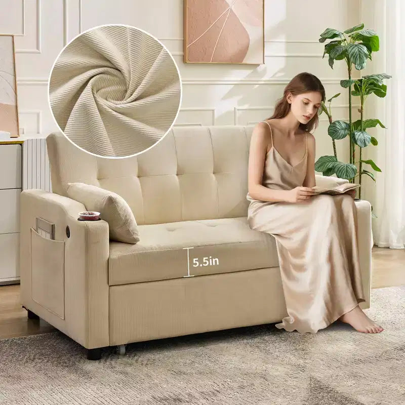 Divano letto convertibile 3 in 1, Divani in velluto a coste con letto estraibile, Schienale regolabile, Porta di ricarica, Divano moderno per soggiorno