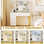 Scrivania da trucco bianca con specchio e luci, tavolo da trucco con specchio illuminato a LED e presa di corrente, 3 colori di illuminazione per la camera da letto