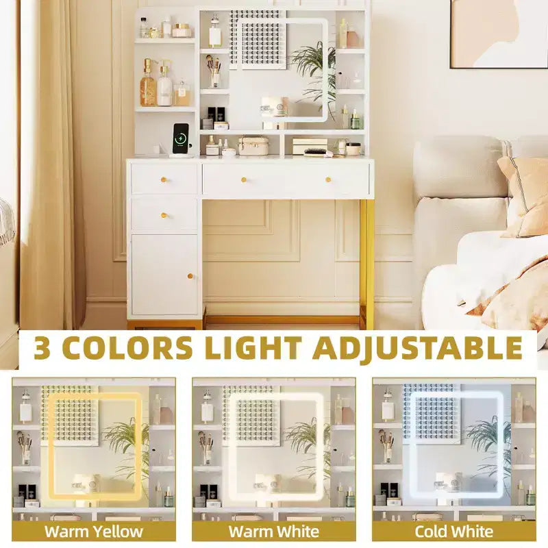 Scrivania da trucco bianca con specchio e luci, tavolo da trucco con specchio illuminato a LED e presa di corrente, 3 colori di illuminazione per la camera da letto