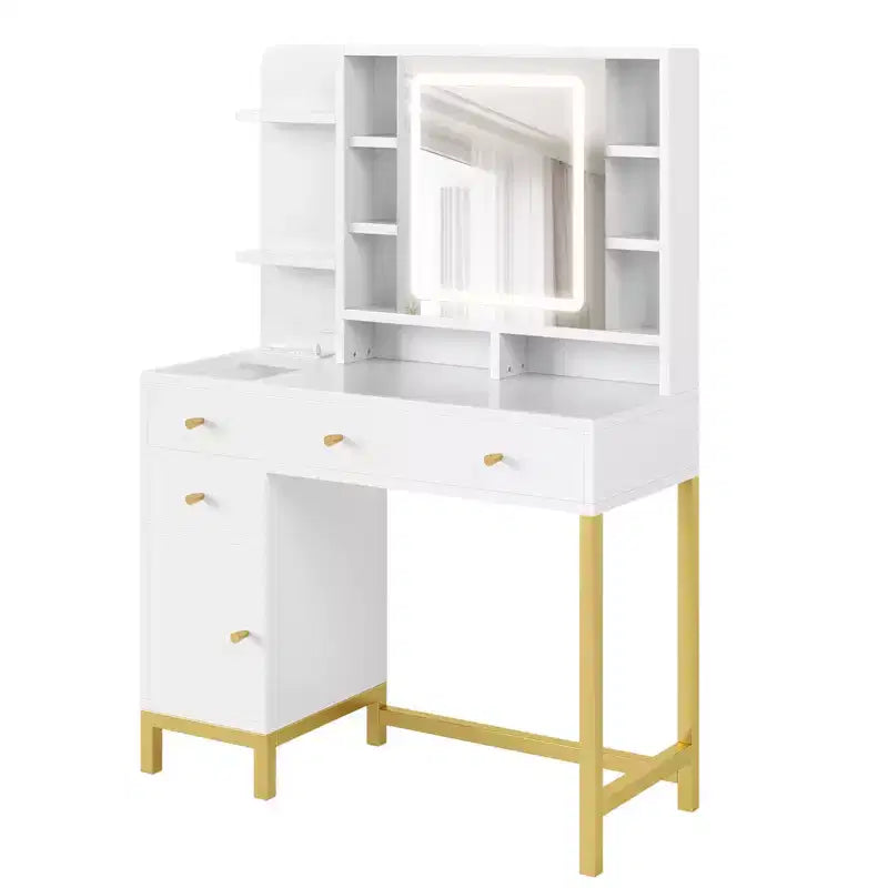 Scrivania da trucco bianca con specchio e luci, tavolo da trucco con specchio illuminato a LED e presa di corrente, 3 colori di illuminazione per la camera da letto