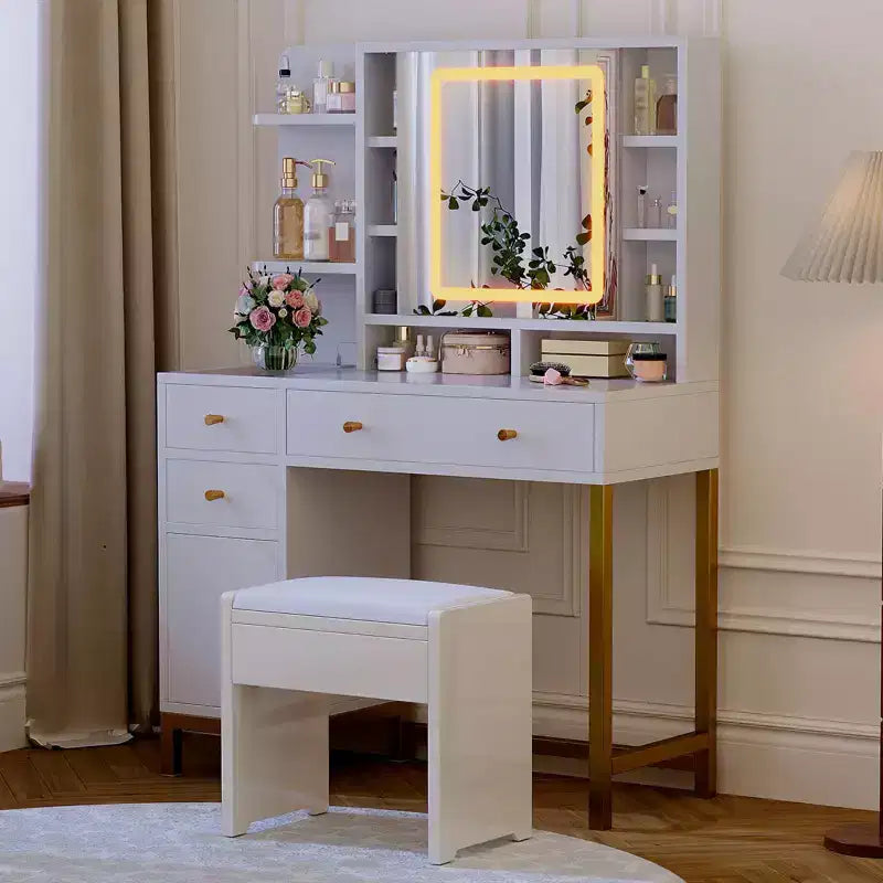 Scrivania da trucco bianca con specchio e luci, tavolo da trucco con specchio illuminato a LED e presa di corrente, 3 colori di illuminazione per la camera da letto