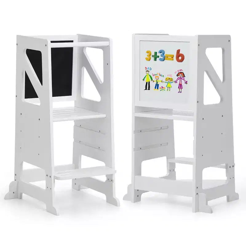 Sgabello in legno per bambini, Torre di apprendimento bianca per bambini con lavagna e lavagna magnetica