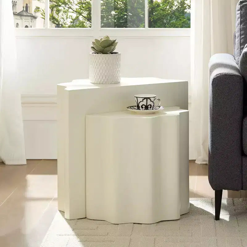 Set tavolino da caffè in fibra di vetro, tavolino da appoggio, tavolino d'accento, tavolino laterale, tavolino da cocktail, tavolino centrale, design con bordo ondulato, beige, nessun assemblaggio