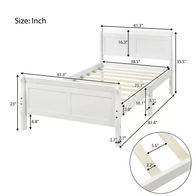 Letto a piattaforma in legno Letto singolo con testiera, pediera e doghe in legno
