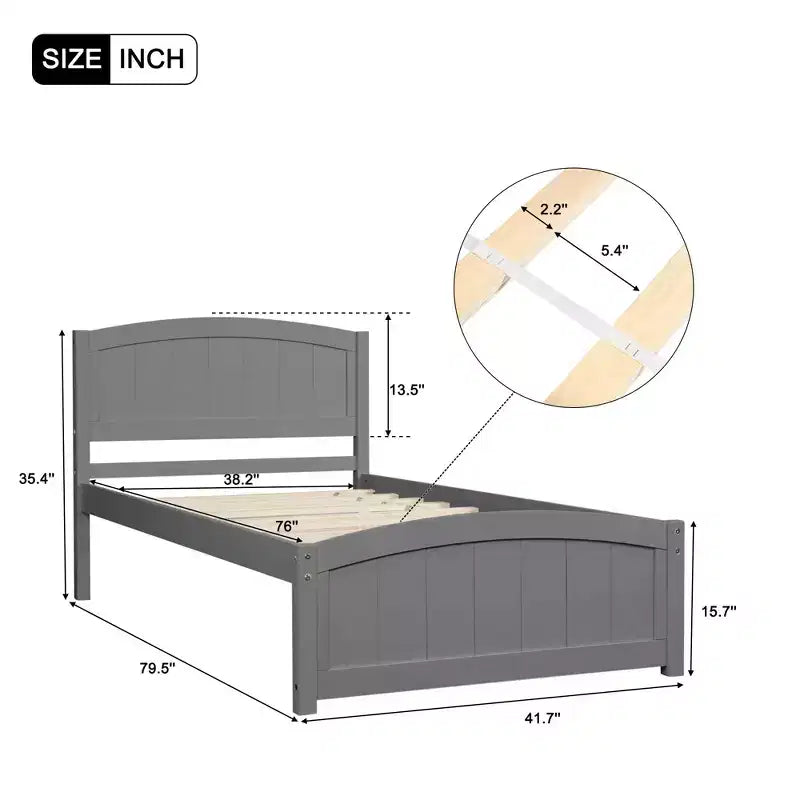 Letto a piattaforma in legno a una piazza con testiera, pediera e doghe in legno, color espresso