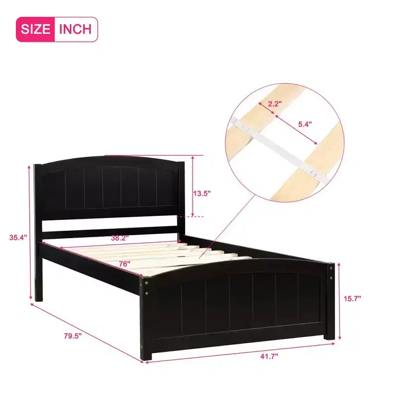 Twin Size Wood Platform Bed with Headboard Footboard and Wood Slat Support Espresso
