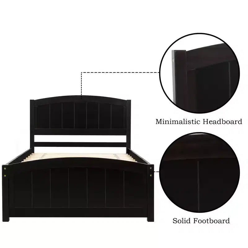Twin Size Wood Platform Bed with Headboard Footboard and Wood Slat Support Espresso