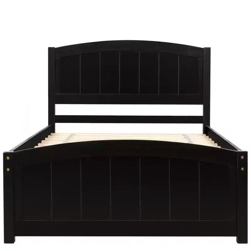 Letto a piattaforma in legno a una piazza con testiera, pediera e doghe in legno, color espresso