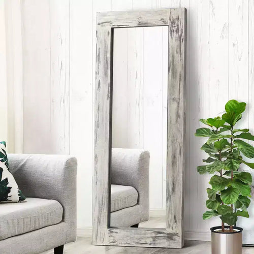 24 in. W x 58 in. H Farmhouse Rectangular Solid Wood Framed Full Length Leaning Mirror in Weathered White