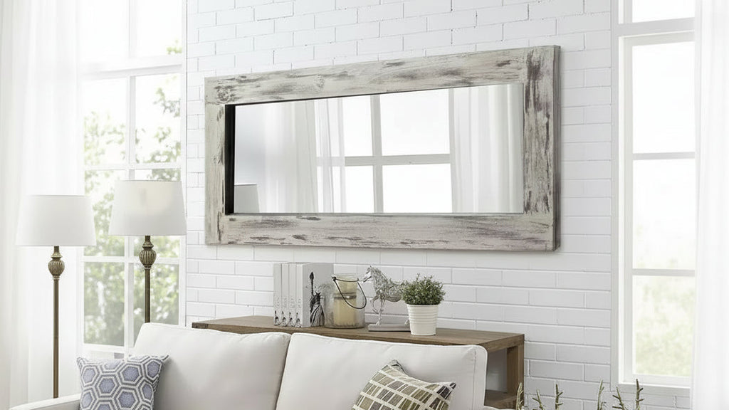 Specchio rettangolare a figura intera da appoggio in legno massiccio in stile rustico con cornice bianca effetto invecchiato, 24 pollici L x 58 pollici A