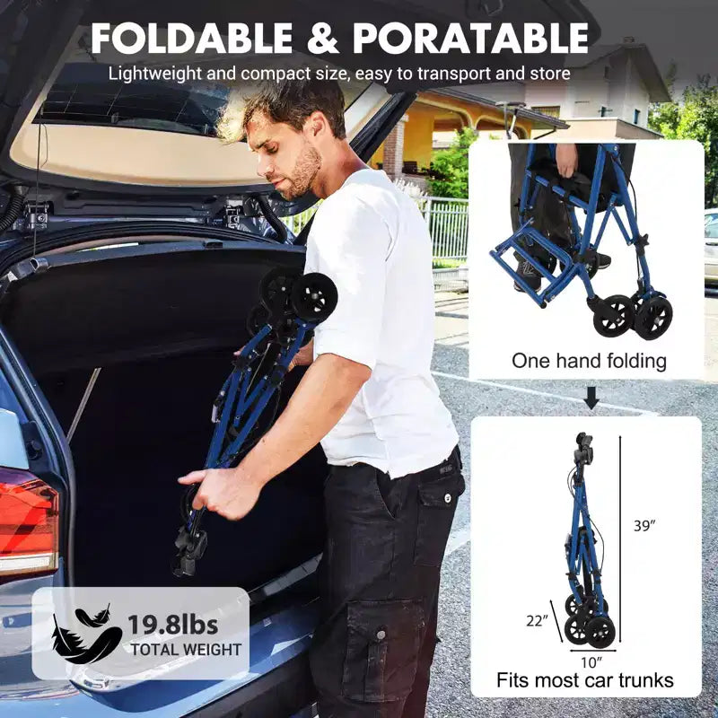 Deambulatore per anziani con sedile, Deambulatore 3 in 1, Sedia a rotelle da trasporto, Deambulatore medico per tutti i terreni per adulti