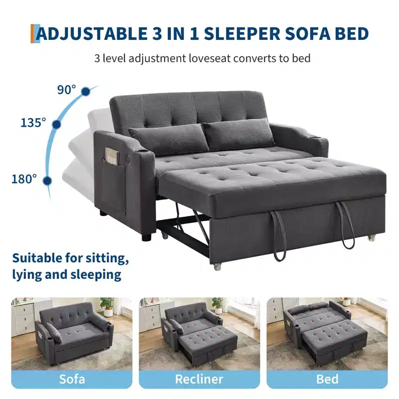 Divano letto convertibile 3 in 1, divano moderno rivestito, divanetto letto in velluto a coste con letto estraibile, schienale regolabile, per soggiorno