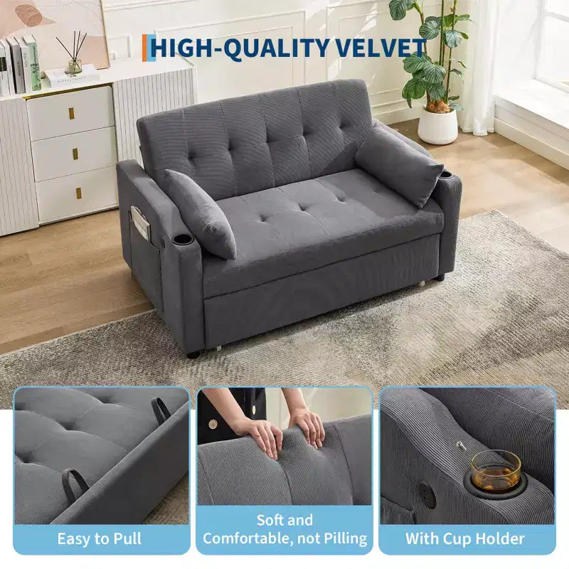 Divano letto convertibile 3 in 1, divano moderno rivestito, divanetto letto in velluto a coste con letto estraibile, schienale regolabile, per soggiorno