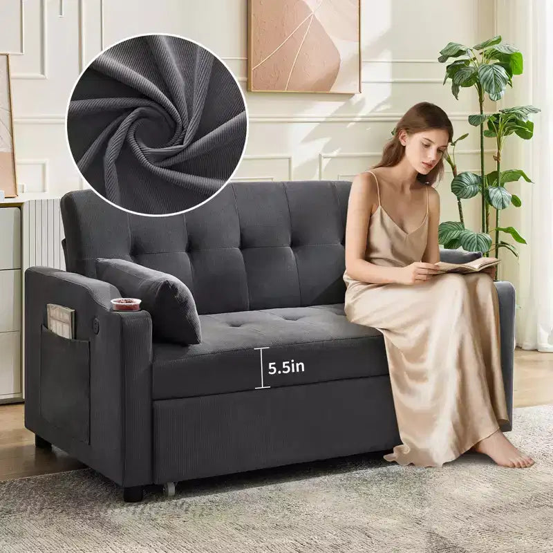 Divano letto convertibile 3 in 1, divano moderno rivestito, divanetto letto in velluto a coste con letto estraibile, schienale regolabile, per soggiorno