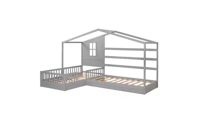 Letto a castello a forma di L in legno per bambini, con recinzione e rete a doghe per camera da letto