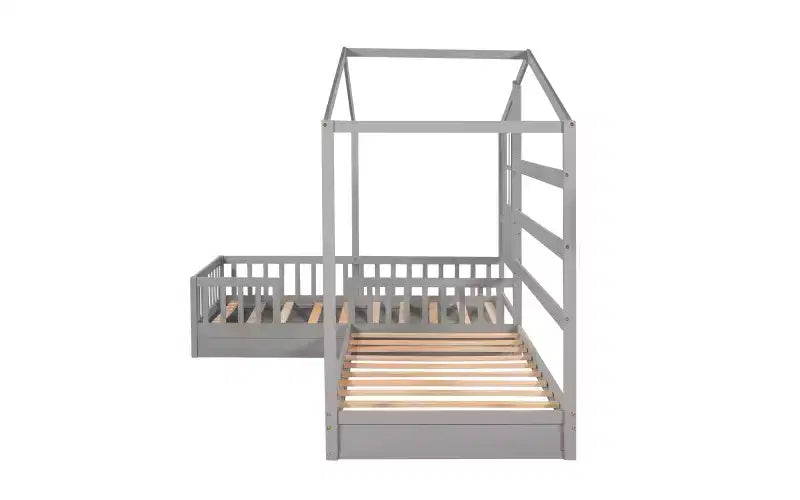 Letto a castello a forma di L in legno per bambini, con recinzione e rete a doghe per camera da letto