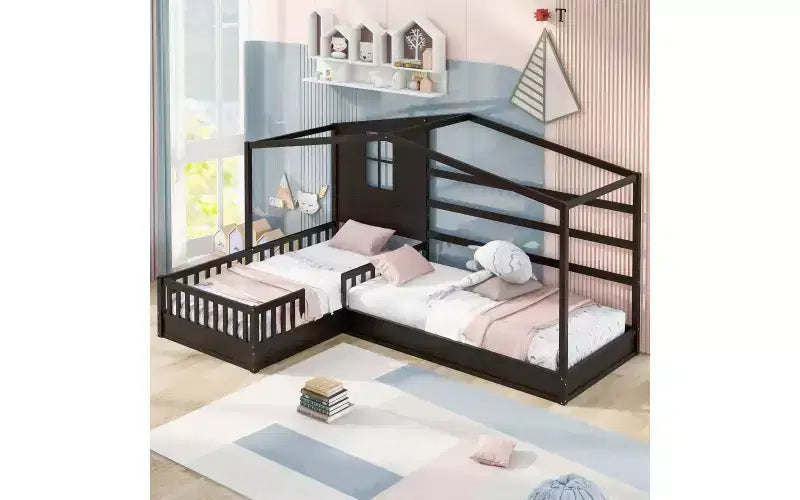 Letto a castello a forma di L in legno per bambini, con recinzione e rete a doghe per camera da letto