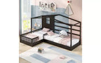 Letto a castello a forma di L in legno per bambini, con recinzione e rete a doghe per camera da letto
