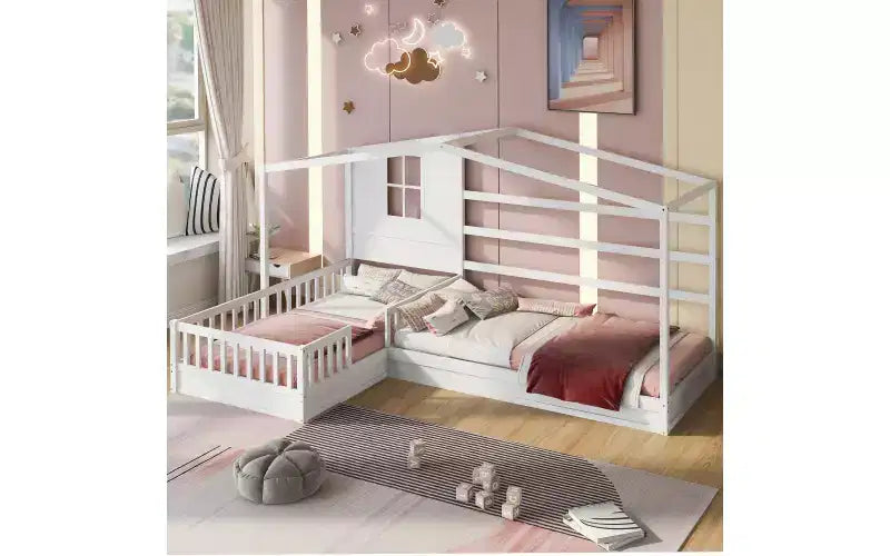 Letto a castello a forma di L in legno per bambini, con recinzione e rete a doghe per camera da letto