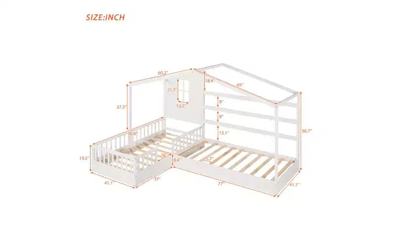 Letto a castello a forma di L in legno per bambini, con recinzione e rete a doghe per camera da letto