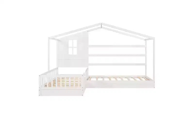 Letto a castello a forma di L in legno per bambini, con recinzione e rete a doghe per camera da letto