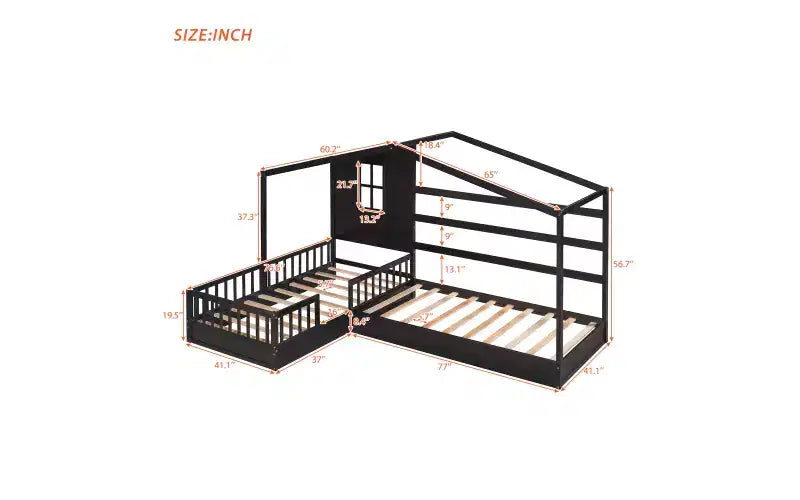 Letto a castello a forma di L in legno per bambini, con recinzione e rete a doghe per camera da letto