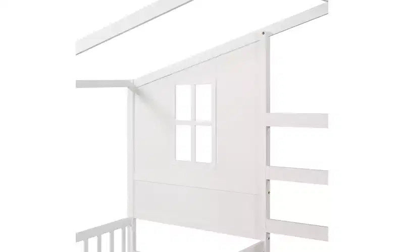 Letto a castello a forma di L in legno per bambini, con recinzione e rete a doghe per camera da letto