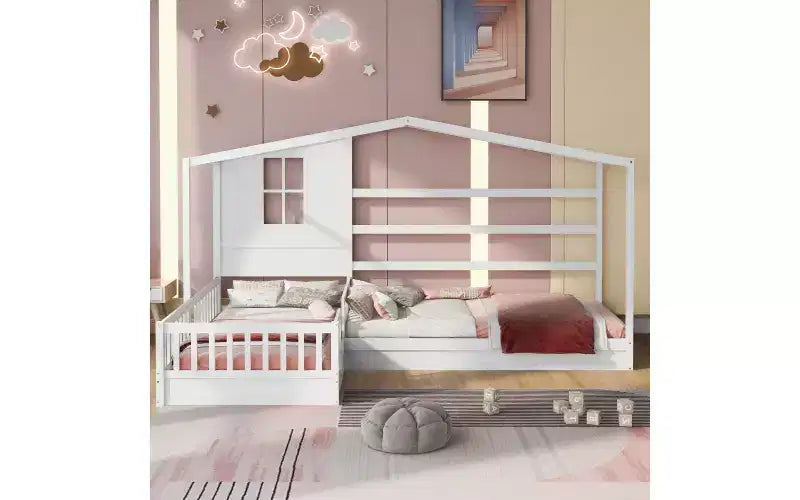 Letto a castello a forma di L in legno per bambini, con recinzione e rete a doghe per camera da letto