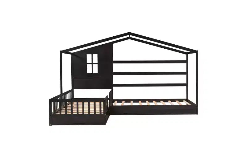 Letto a castello a forma di L in legno per bambini, con recinzione e rete a doghe per camera da letto