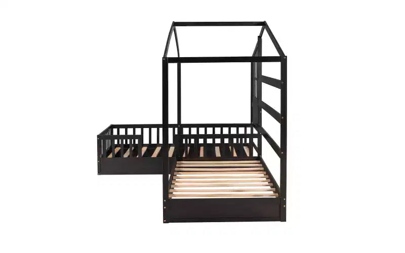 Letto a castello a forma di L in legno per bambini, con recinzione e rete a doghe per camera da letto