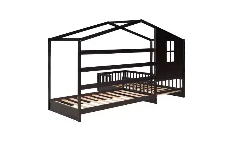 Letto a castello a forma di L in legno per bambini, con recinzione e rete a doghe per camera da letto