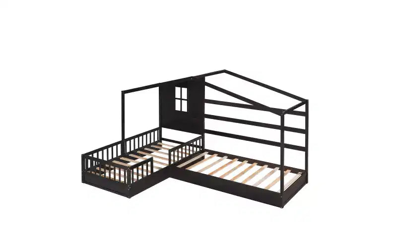 Letto a castello a forma di L in legno per bambini, con recinzione e rete a doghe per camera da letto
