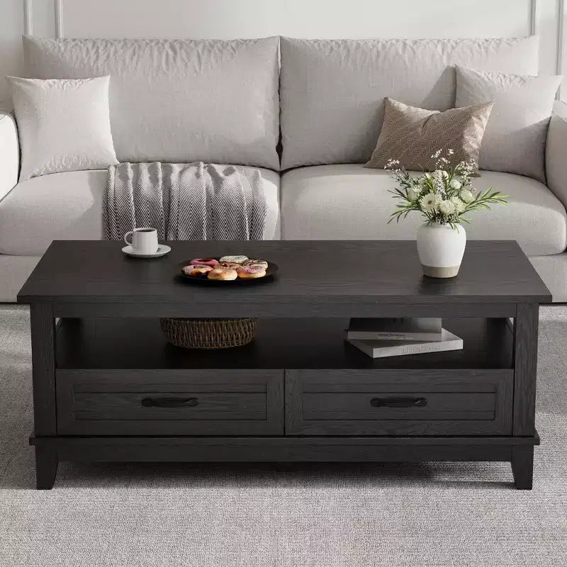 Tavolino da salotto con cassetti, 120 cm, stile country, con ripiani a giorno e 6 gambe di supporto.