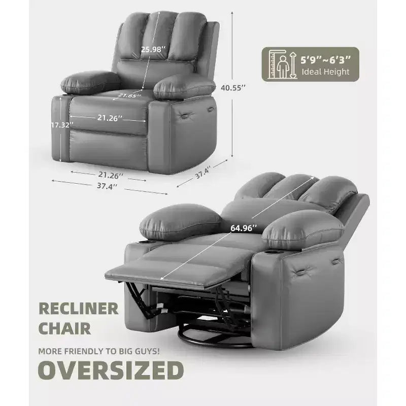 Poltrona reclinabile girevole manuale oversize con funzione riscaldante e massaggiante, in similpelle imbottita, poltrona girevole "Lazy Boy" per adulti