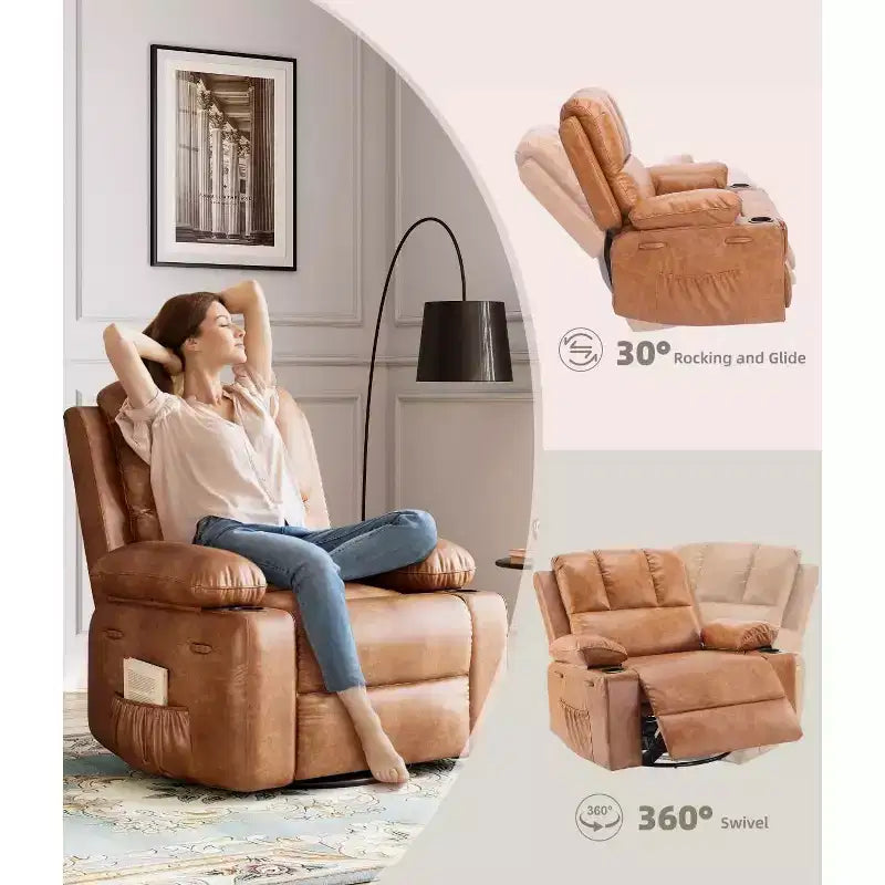 Poltrona reclinabile girevole manuale oversize con funzione riscaldante e massaggiante, in similpelle imbottita, poltrona girevole "Lazy Boy" per adulti