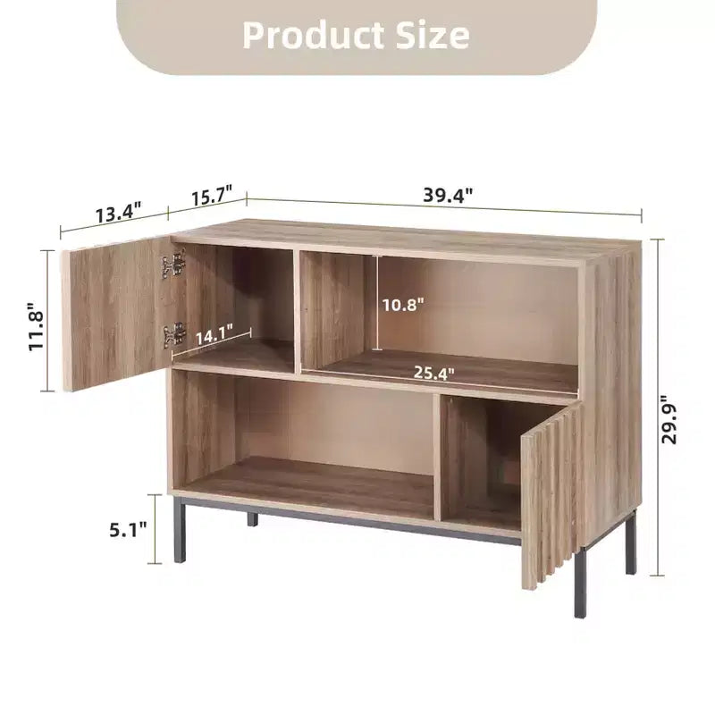Madia semi-aperta, credenza da 100 cm con motivo ondulato e gambe in metallo, tavolo consolle marrone rovere e nero per soggiorno, sala da pranzo, ingresso