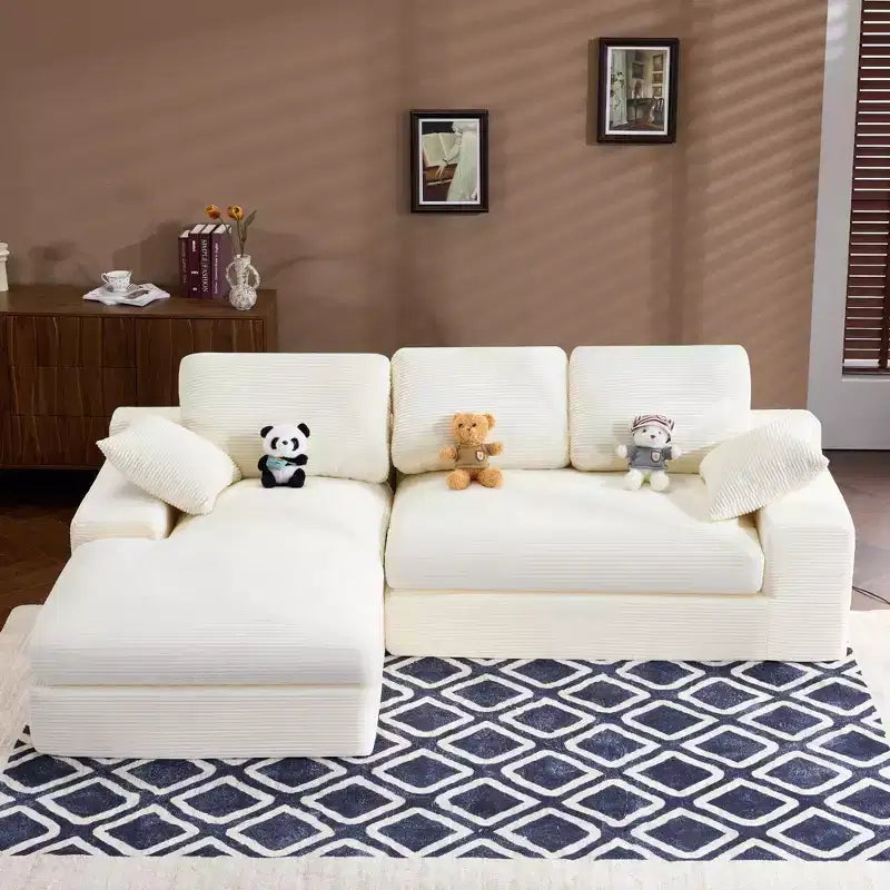 White Corduroy Comfy Sofa w/ 5 Cushions  Cozy Living Room Essential