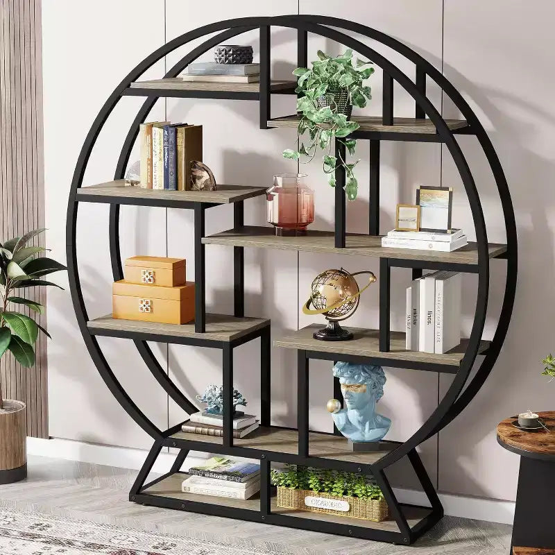 Lantine Bookshelf, 63 Inch Industrial Wood Bookcase with Staggered Shelves, Shelving Organizer Rack Display Shelf for Home Office, Living Room, Grey