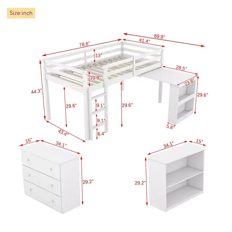 Twin Loft Bed with Drawer Cabinet Shelf Cabinet and Pulling Out Desk,Rubber Wood Loft Bed with Guardrail Ladder White