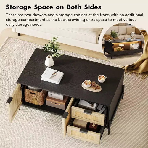 2 Drawers Storage Cabinet Rattan Coffee Table,Open Shelf for Home Office,